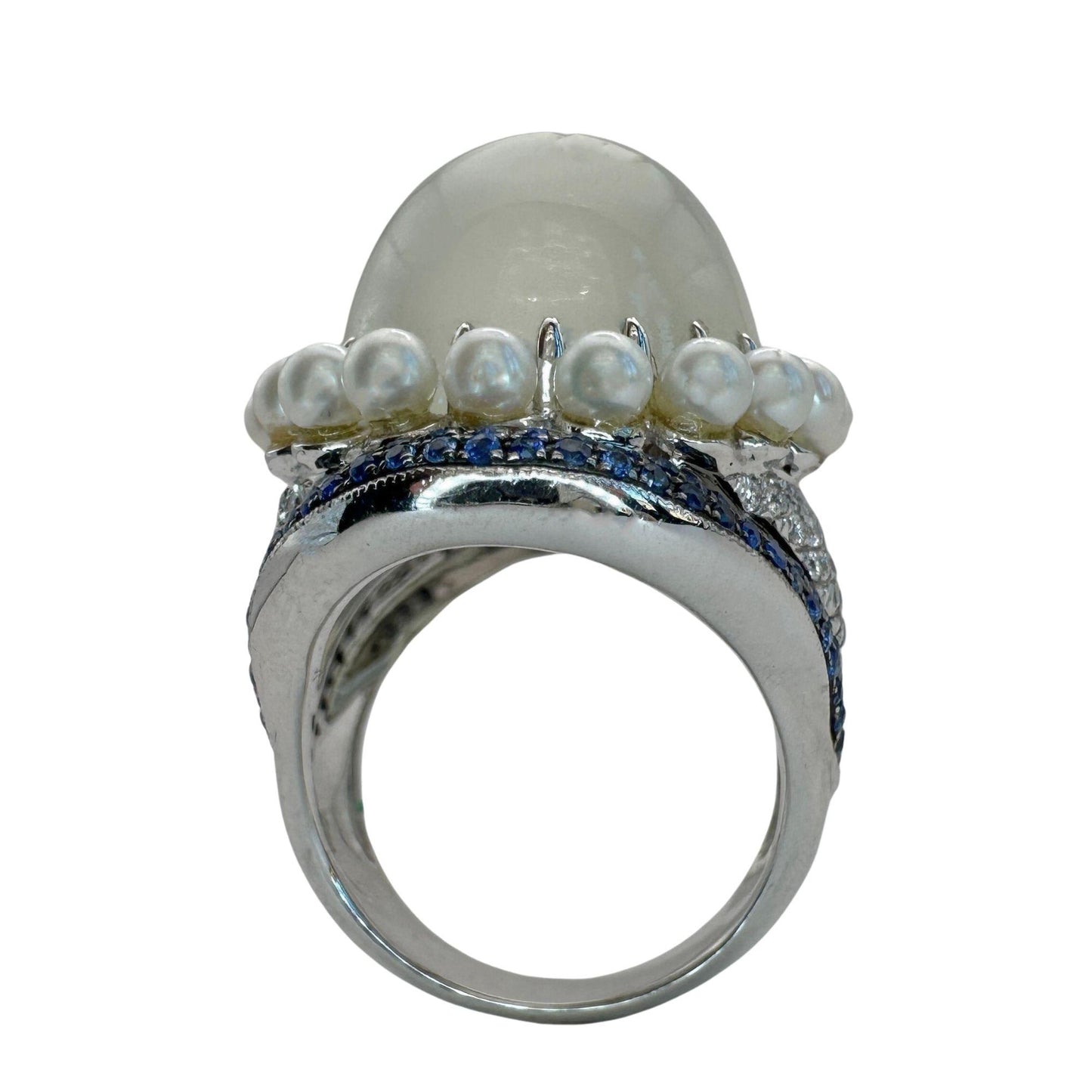 18k White Gold Pearl, Diamond, Sapphire and Moonstone Cocktail Ring