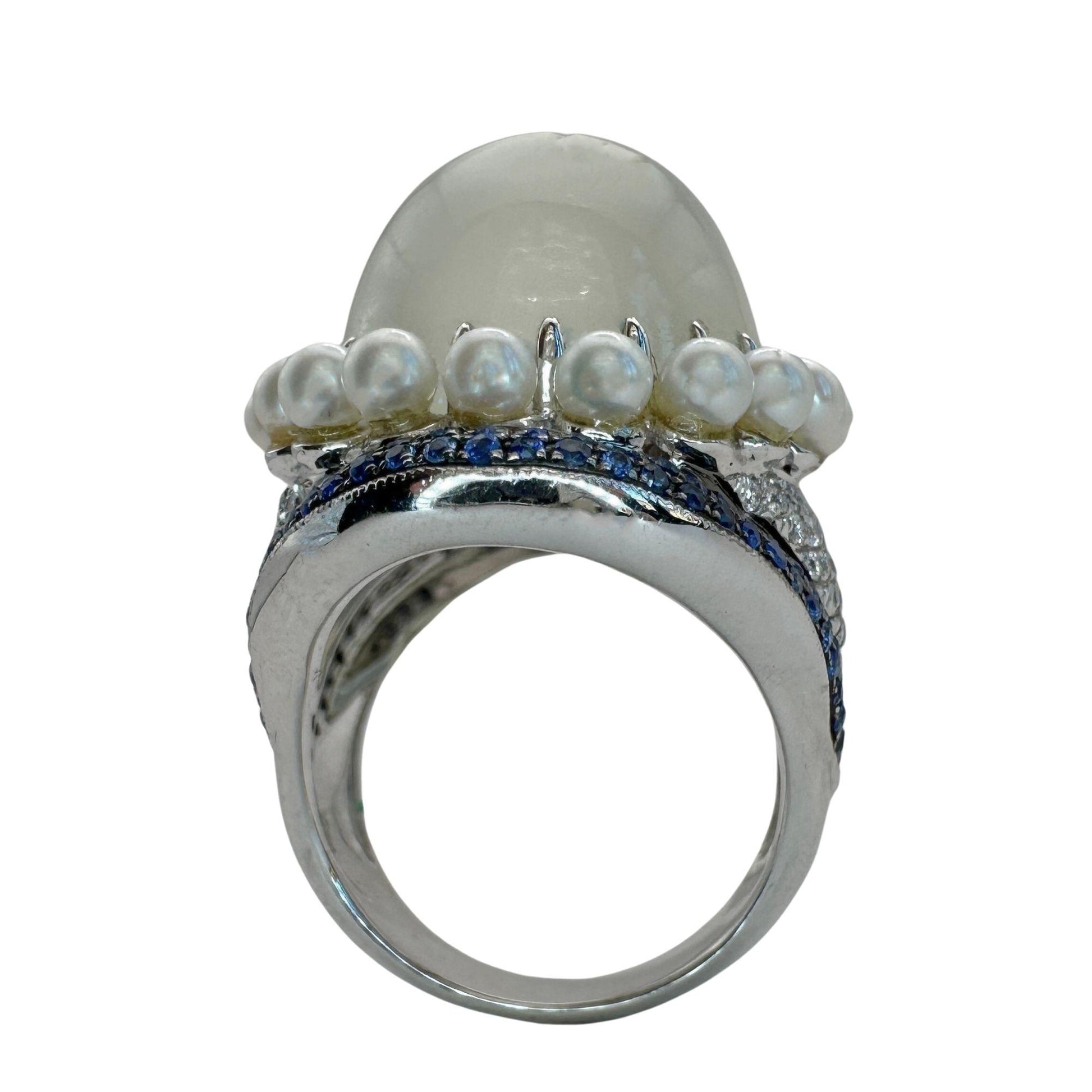18k White Gold Pearl, Diamond, Sapphire and Moonstone Cocktail Ring