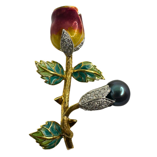 18K Diamond, Enamel and Pearl Rose Flower Brooch