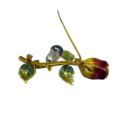 18K Diamond, Enamel and Pearl Rose Flower Brooch