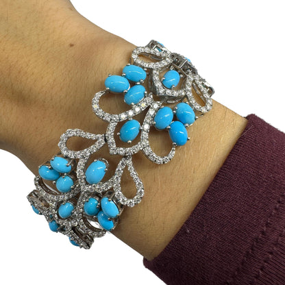 18K White Gold Diamond and Persian Turquoise Bracelet