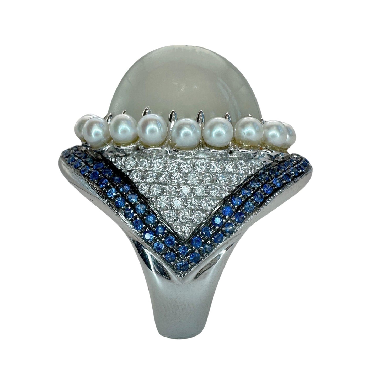 18k White Gold Pearl, Diamond, Sapphire and Moonstone Cocktail Ring