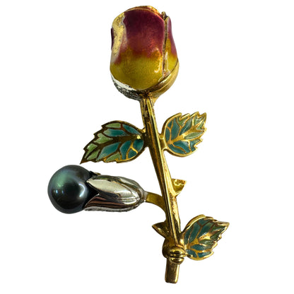 18K Diamond, Enamel and Pearl Rose Flower Brooch