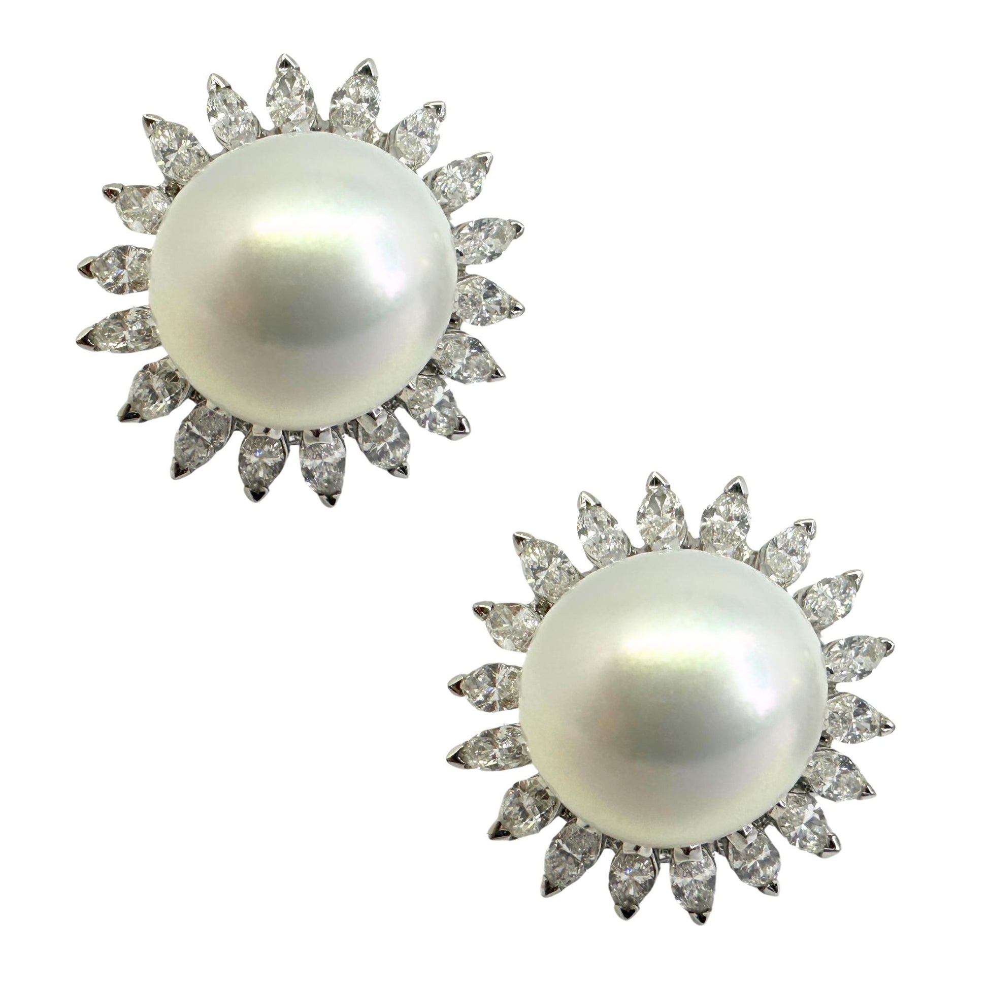 18K Marquise Cut Diamond and Pearl Earrings