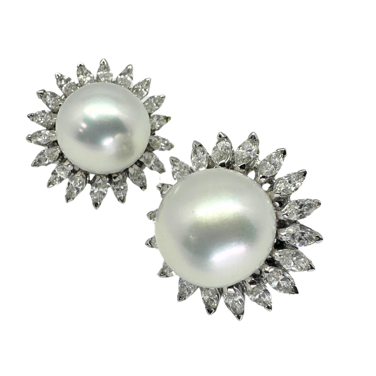 18K Marquise Cut Diamond and Pearl Earrings