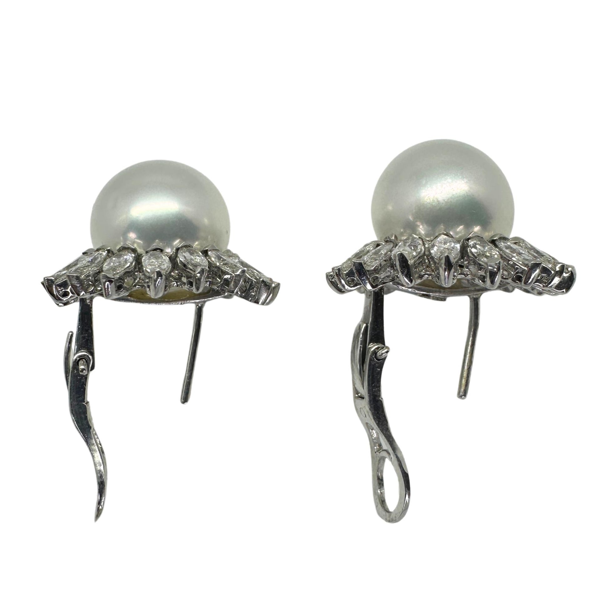 18K Marquise Cut Diamond and Pearl Earrings