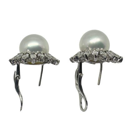 18K Marquise Cut Diamond and Pearl Earrings