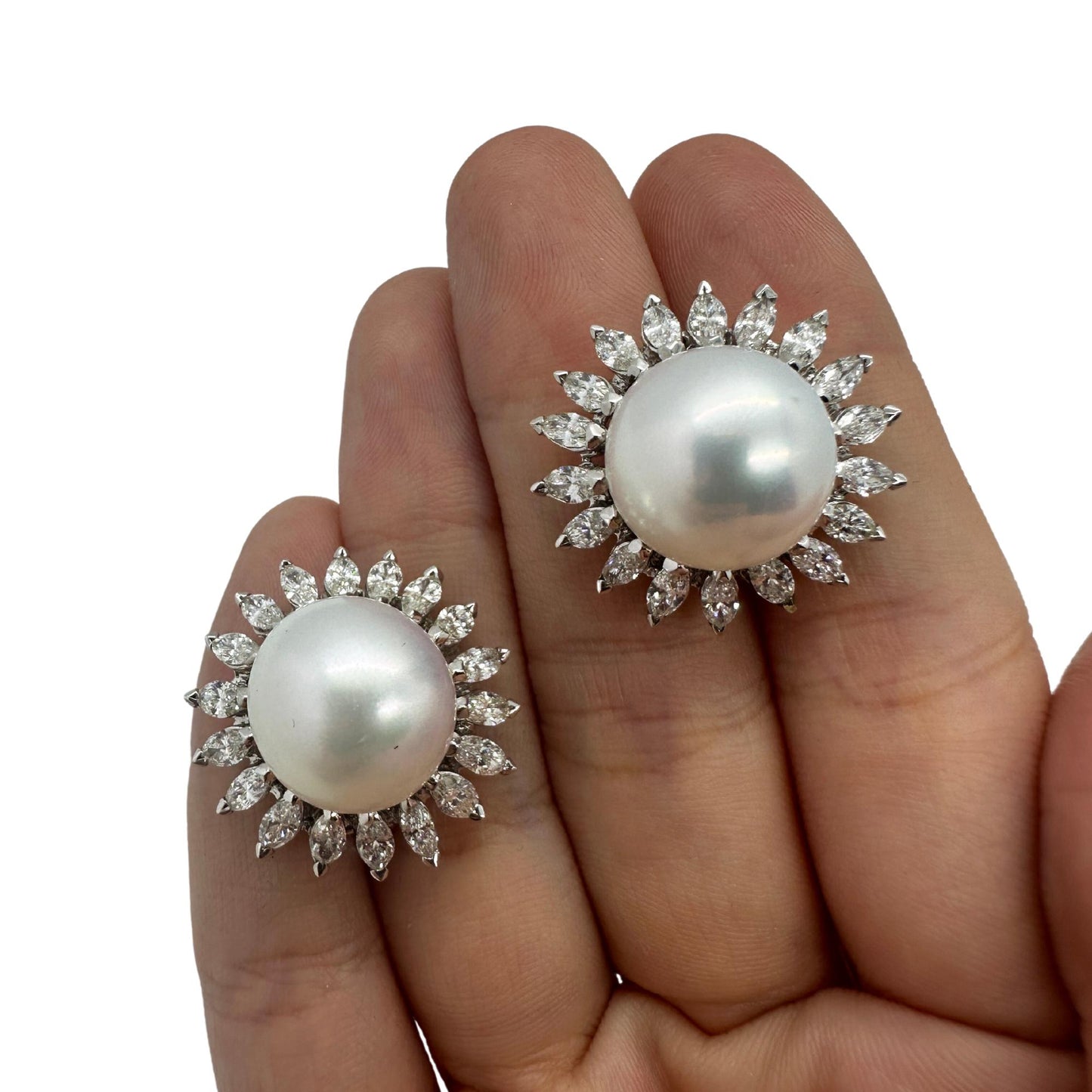 18K Marquise Cut Diamond and Pearl Earrings