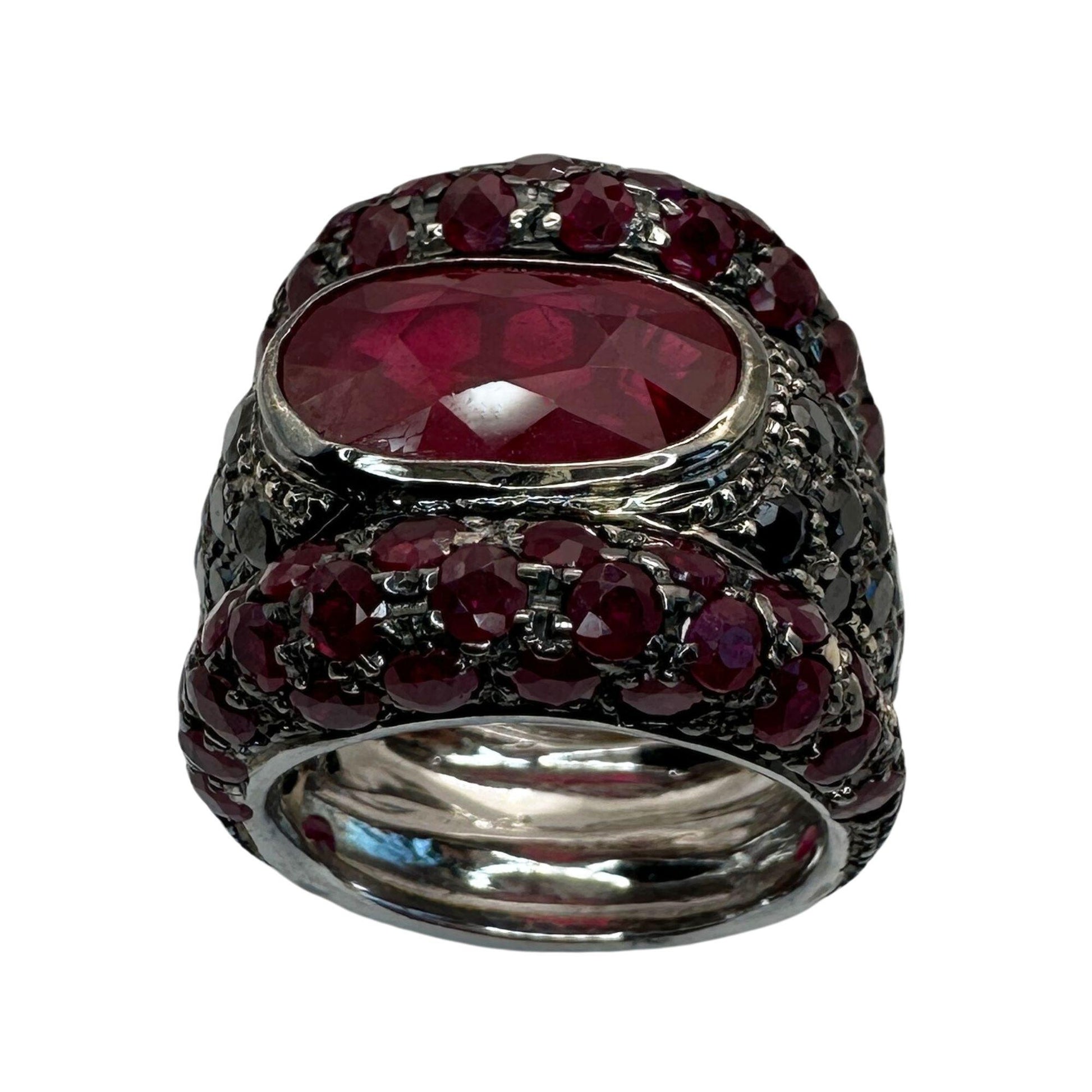 18K White Gold Black Diamond, African Ruby and Ruby Wide Band Ring - Size 7.50