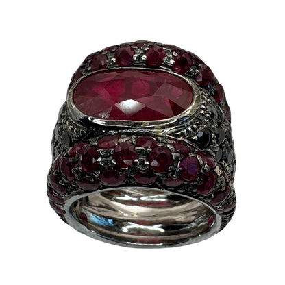 18K White Gold Black Diamond, African Ruby and Ruby Wide Band Ring - Size 7.50
