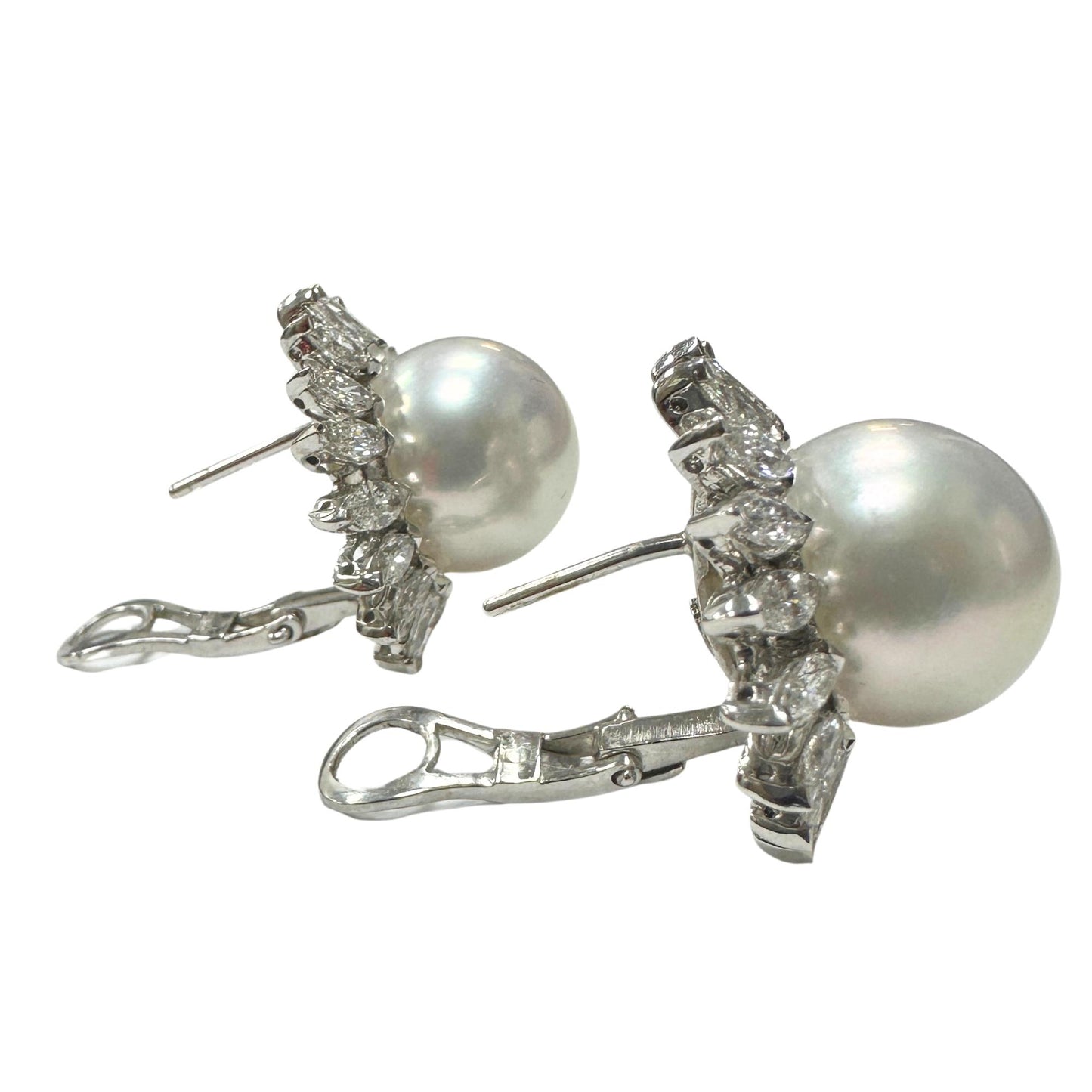 18K Marquise Cut Diamond and Pearl Earrings