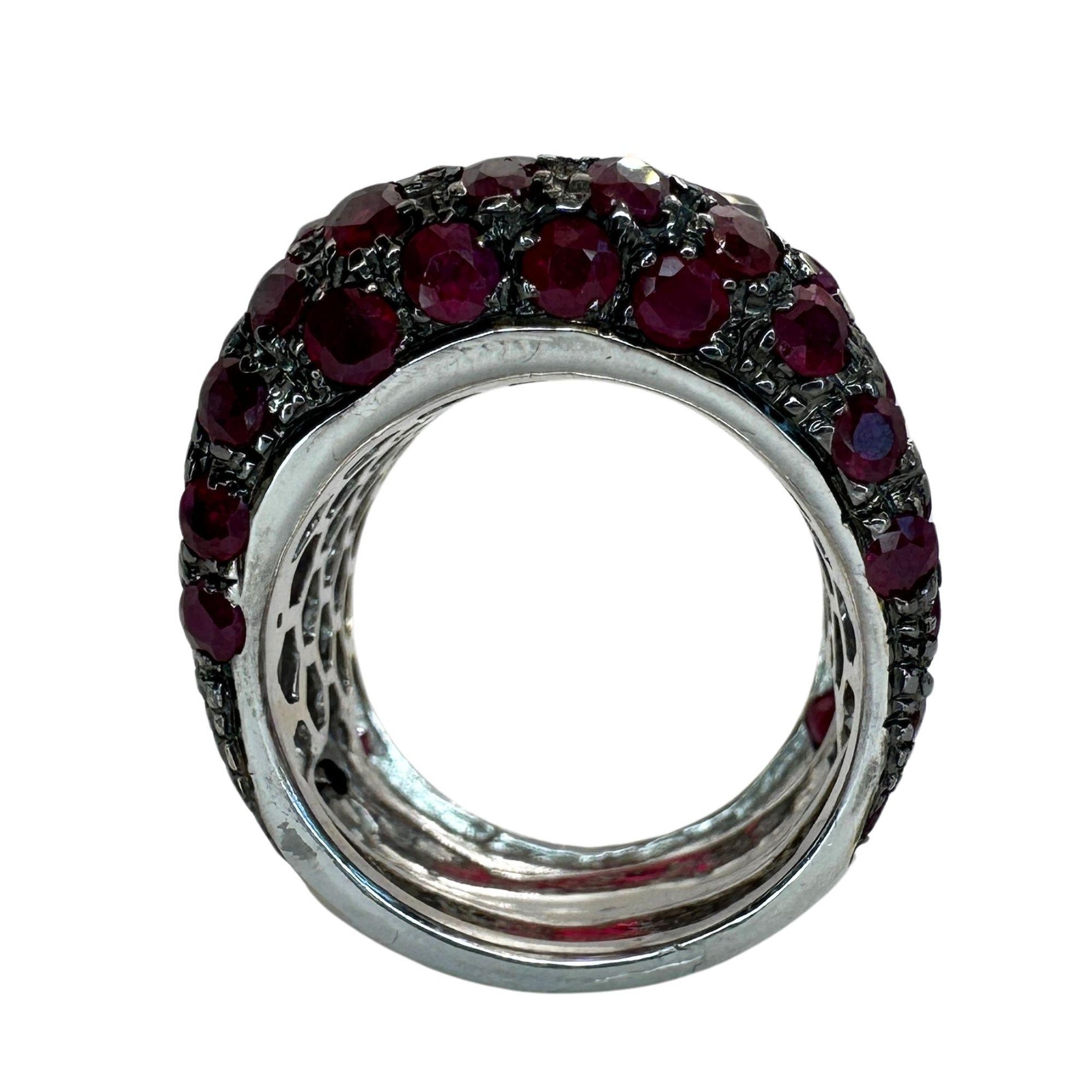 18K White Gold Black Diamond, African Ruby and Ruby Wide Band Ring - Size 7.50