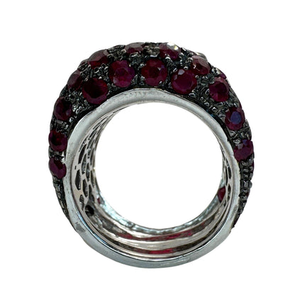 18K White Gold Black Diamond, African Ruby and Ruby Wide Band Ring - Size 7.50
