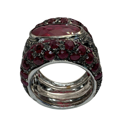 18K White Gold Black Diamond, African Ruby and Ruby Wide Band Ring - Size 7.50