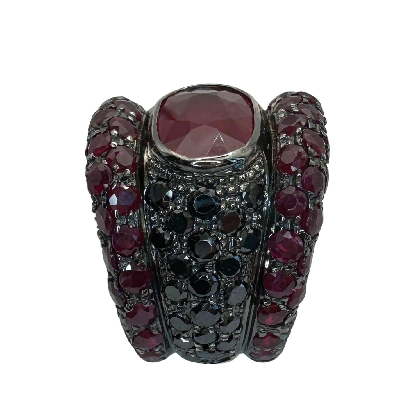 18K White Gold Black Diamond, African Ruby and Ruby Wide Band Ring - Size 7.50