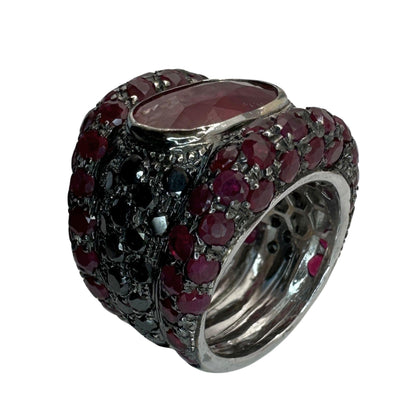 18K White Gold Black Diamond, African Ruby and Ruby Wide Band Ring - Size 7.50