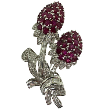 18K Diamond and Ruby Flower Brooch