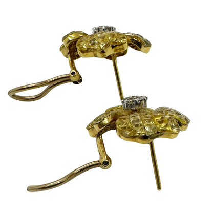 18K Yellow Gold Diamond and Yellow Sapphire Flower Earrings