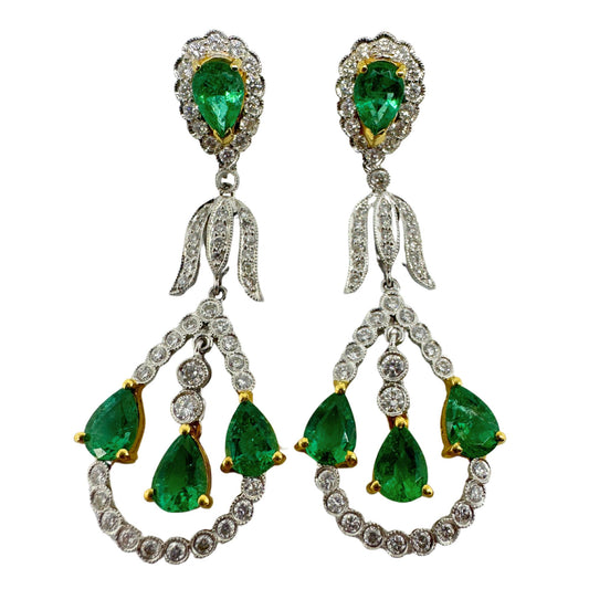 18K Diamond and Pear Shaped Emerald Earrings