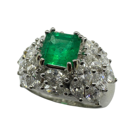 18k White Gold Marquise Cut Diamond and Emerald Ring