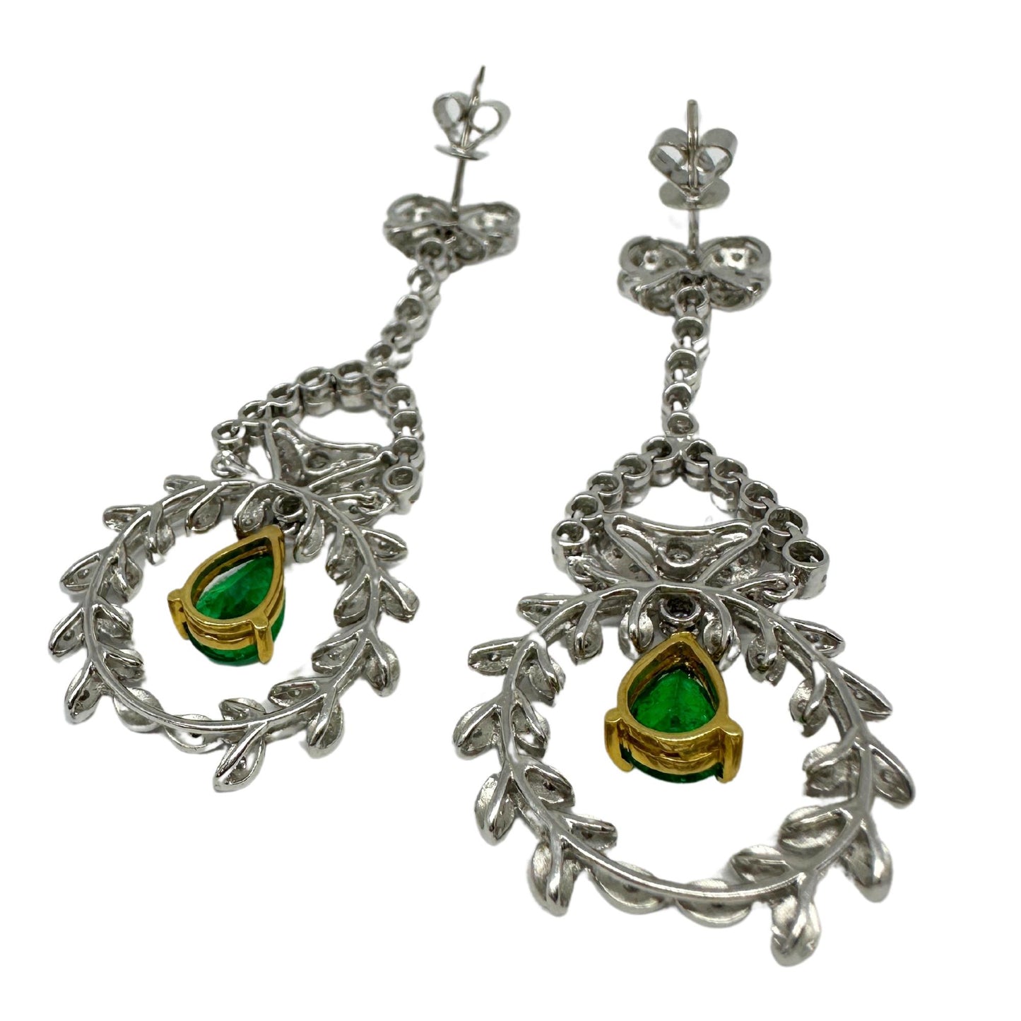 18K White Gold Diamond and Pear Cut Emerald Earrings