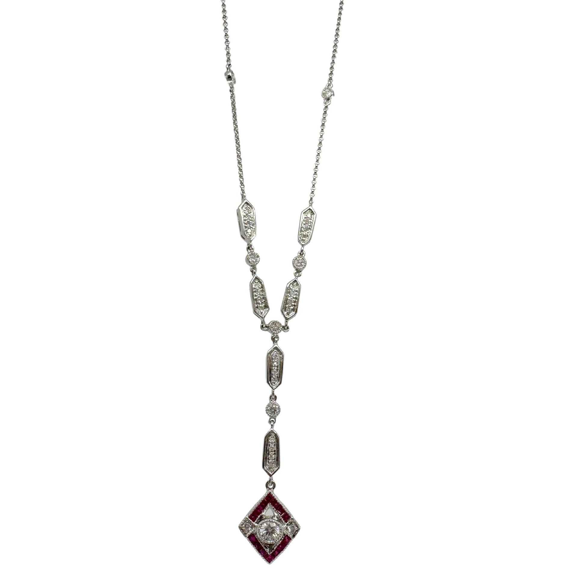 Estate 18K White Gold Diamond and Ruby Y-Necklace