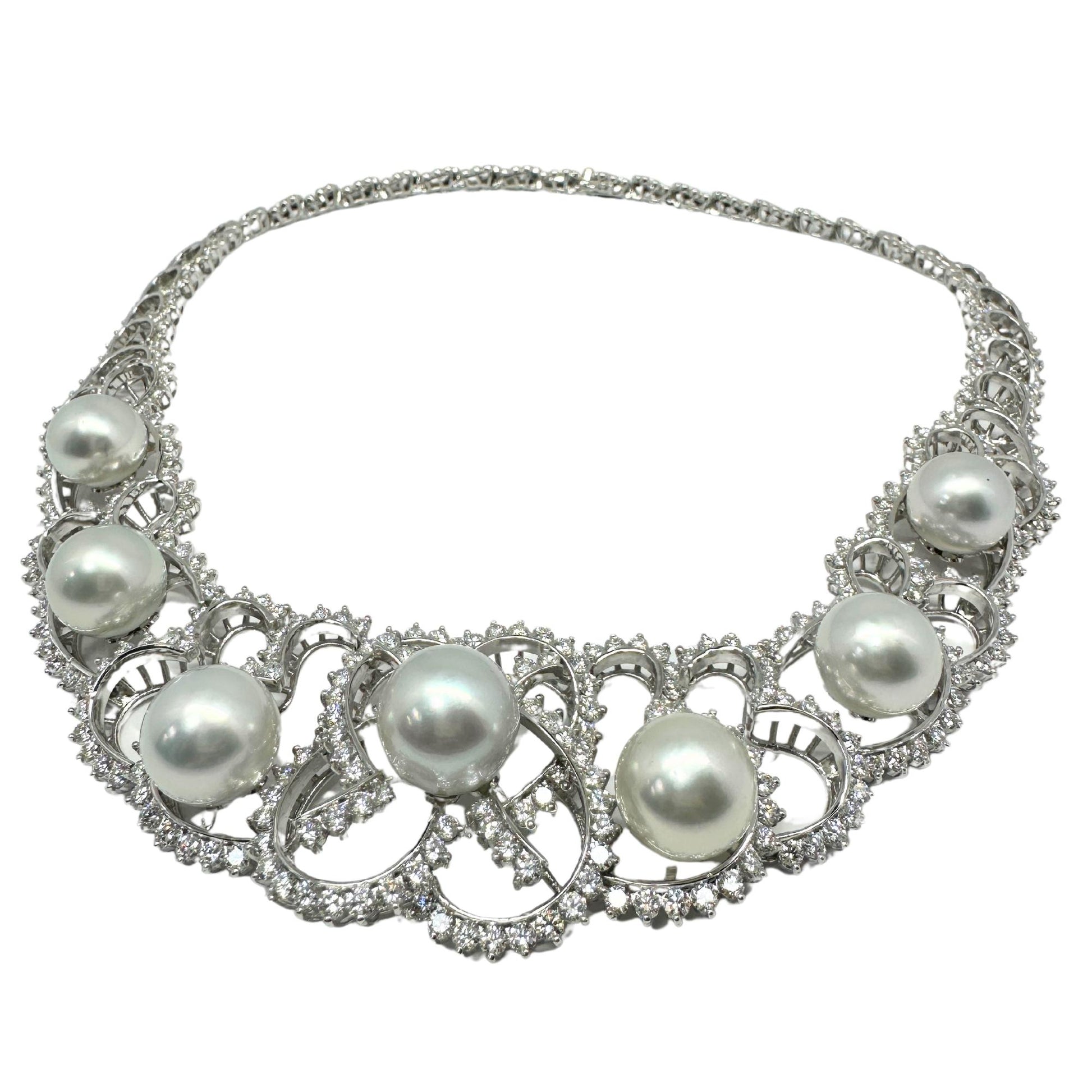 18K White Gold Diamond and Pearl Choker Necklace