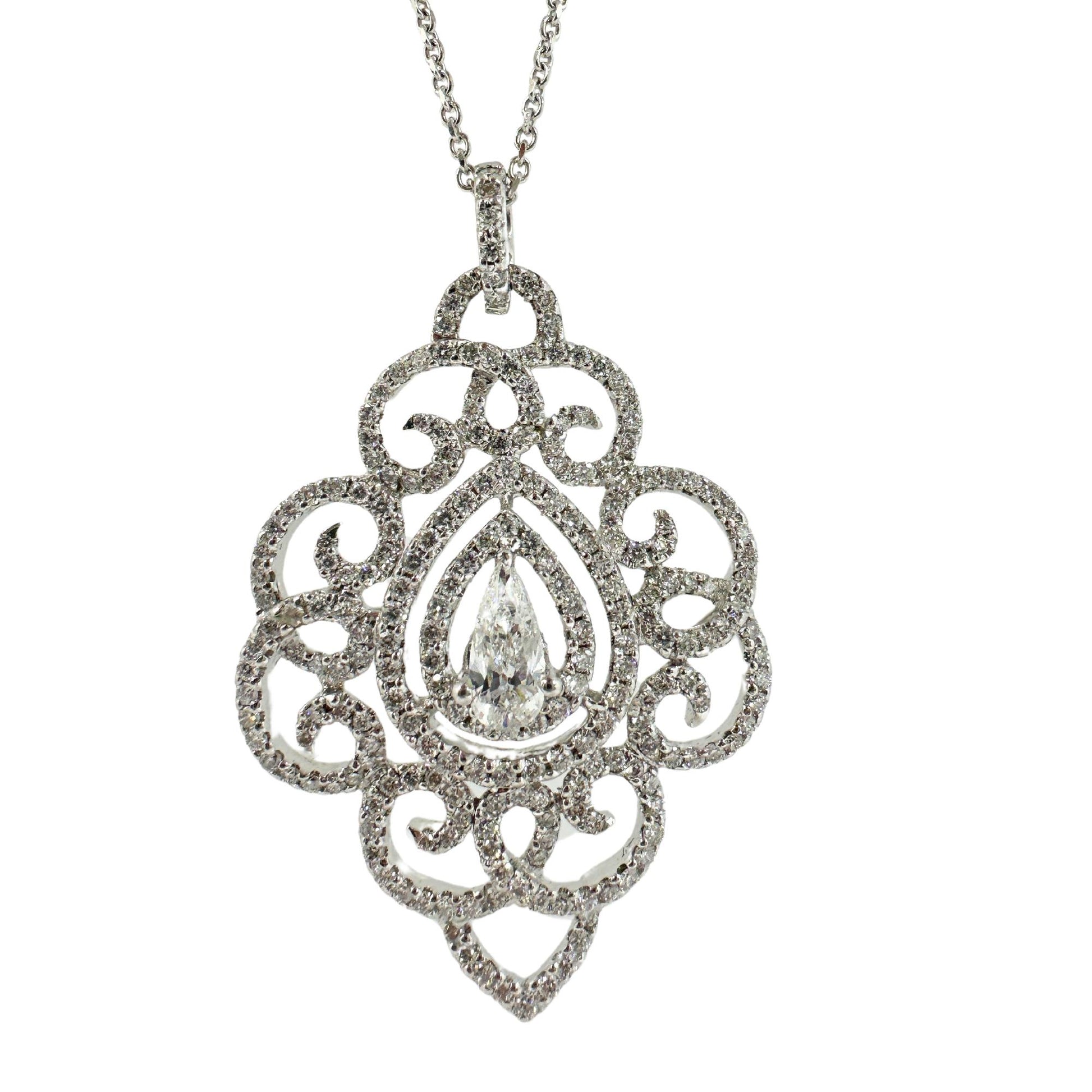 18K White Gold Pear Cut Diamond Pendant Necklace