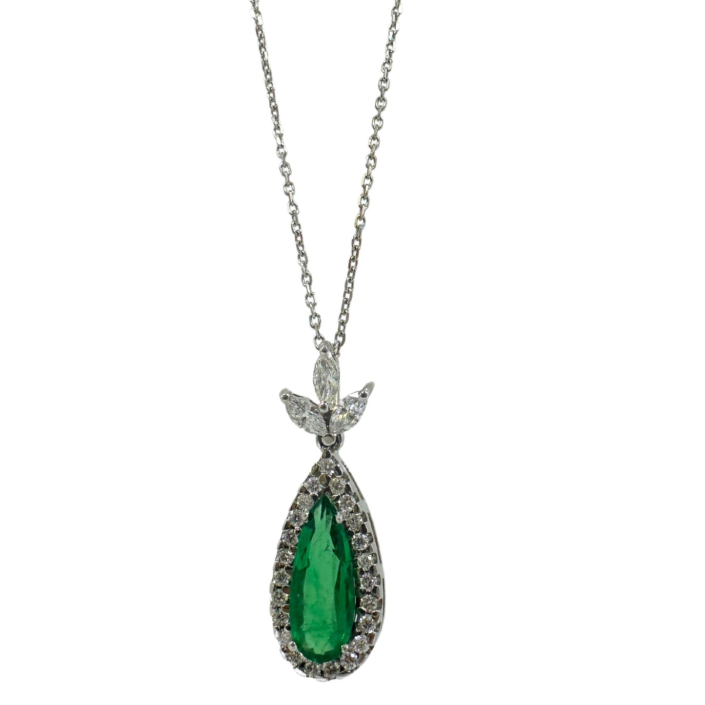 18K White Gold Marquise Cut Diamond and Pear Cut Emerald Pendant Necklace