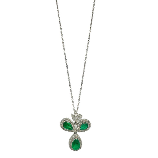 18K White Gold Pear Cut Emerald and Diamond Pendant Necklace