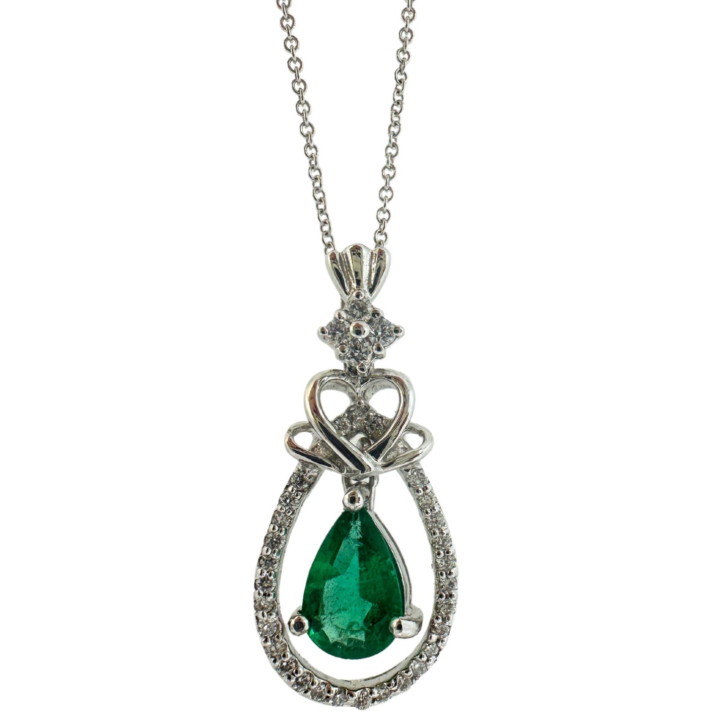 18K White Gold Pear Cut Emerald and Diamond Pendant Necklace