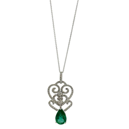 18K White Gold Pear Cut Emerald and Diamond Pendant Necklace