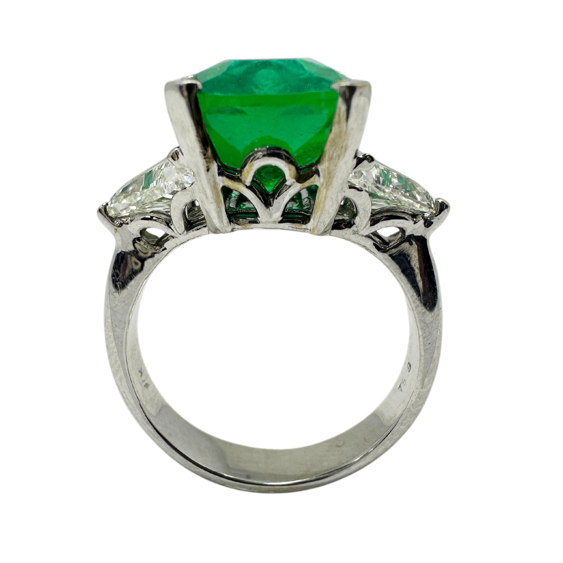 18k White Gold Columbian Cushion Natural Emerald and Trillion Cut Diamond Ring