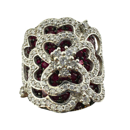 18K White Gold 1.28 Carat Diamond and 4.45 Carat Ruby Spider Web Wide Band Ring
