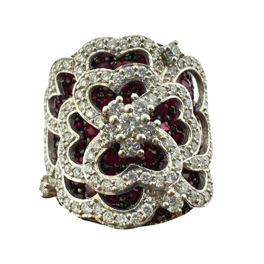 18K White Gold 1.28 Carat Diamond and 4.45 Carat Ruby Spider Web Wide Band Ring