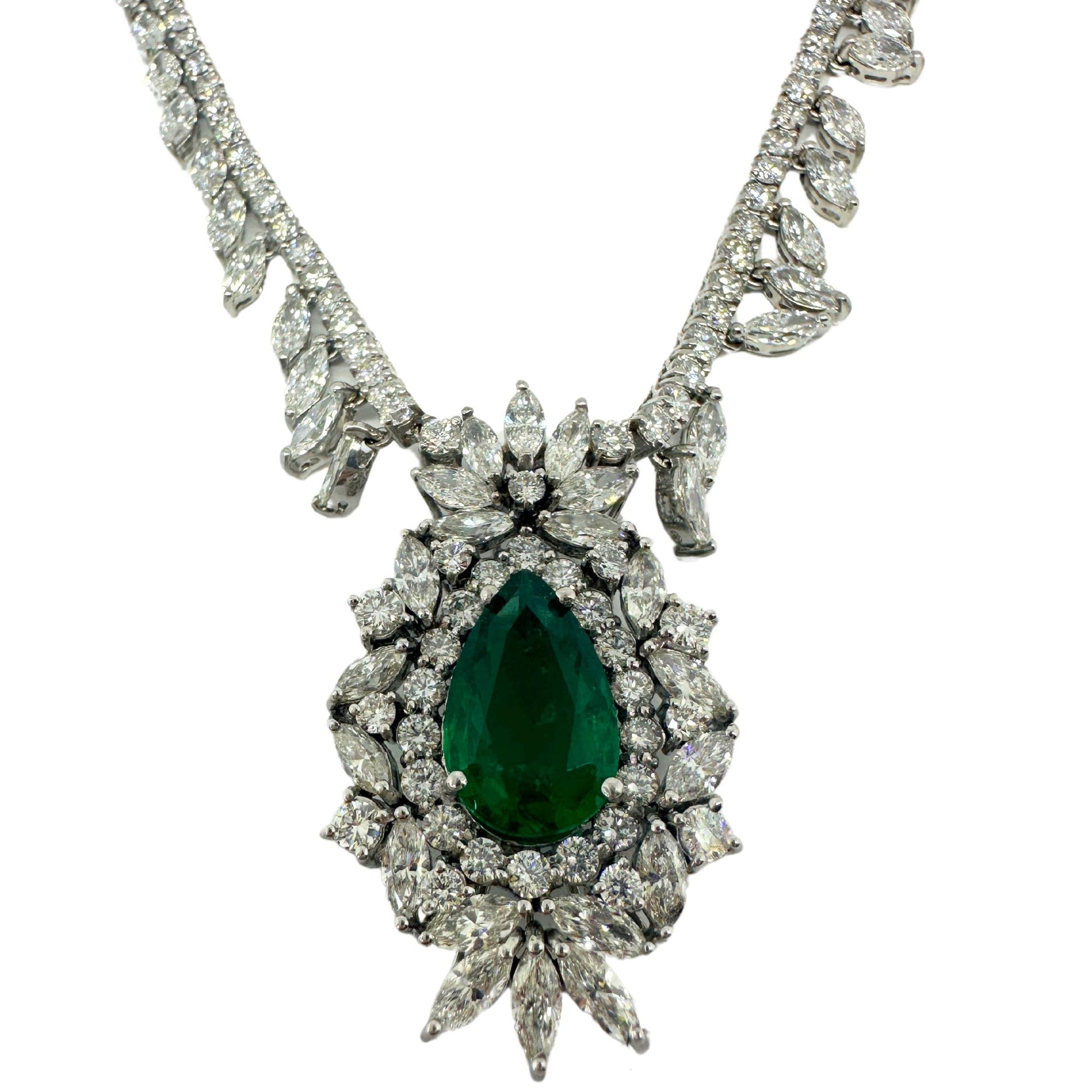 18K White Gold Marquise Cut Diamond and Pear Cut Emerald Necklace