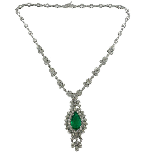 18K White Gold Marquise and Pearl Cut Diamond and Pear Cut Emerald Drop Necklace