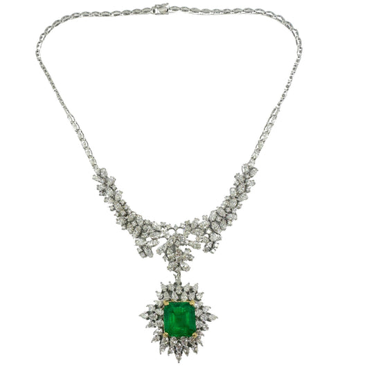 18K Two Tone Pear and Marquise Cut Diamond and Emerald Cut Emerald Necklace