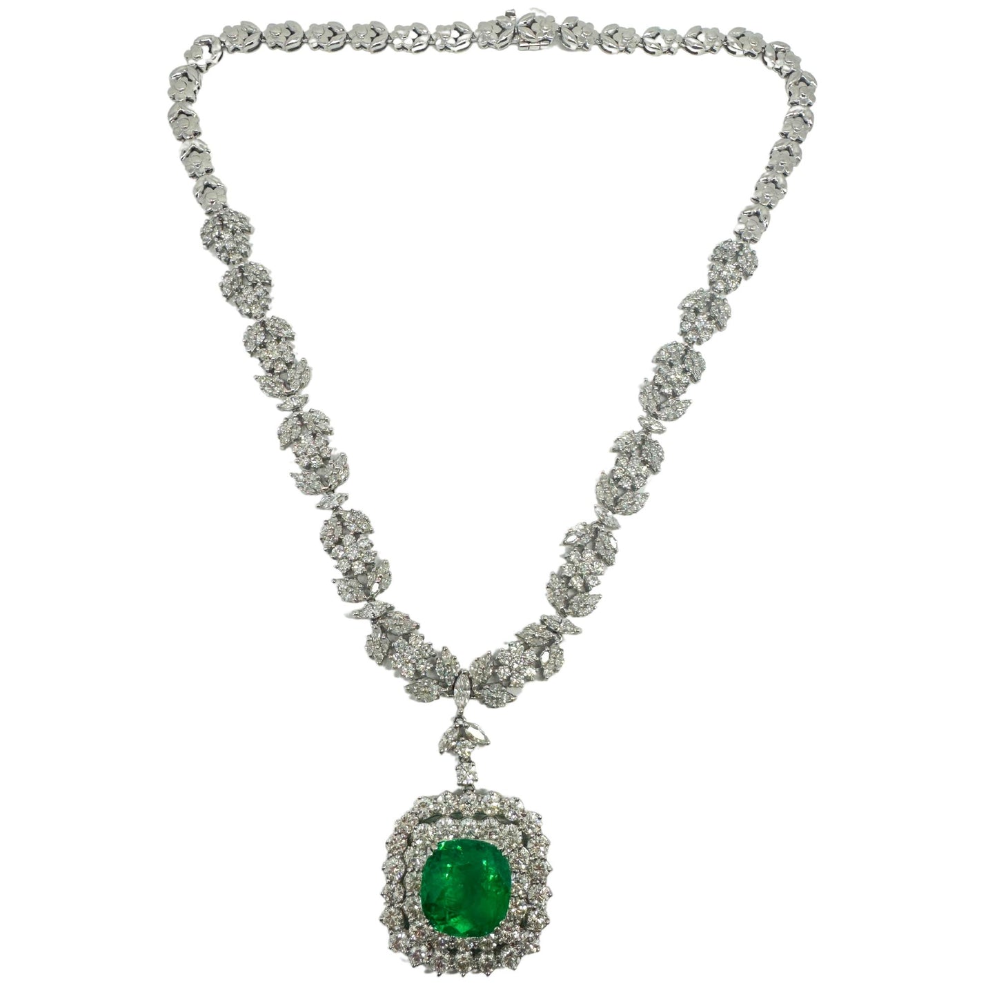 18K White Gold Diamond and Round Emerald Drop Necklace