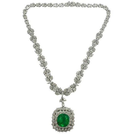 18K White Gold Diamond and Round Emerald Drop Necklace