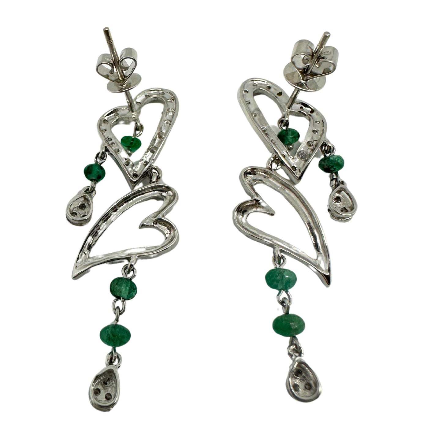 18k White Gold Diamond and Emerald Heart Drop Earrings