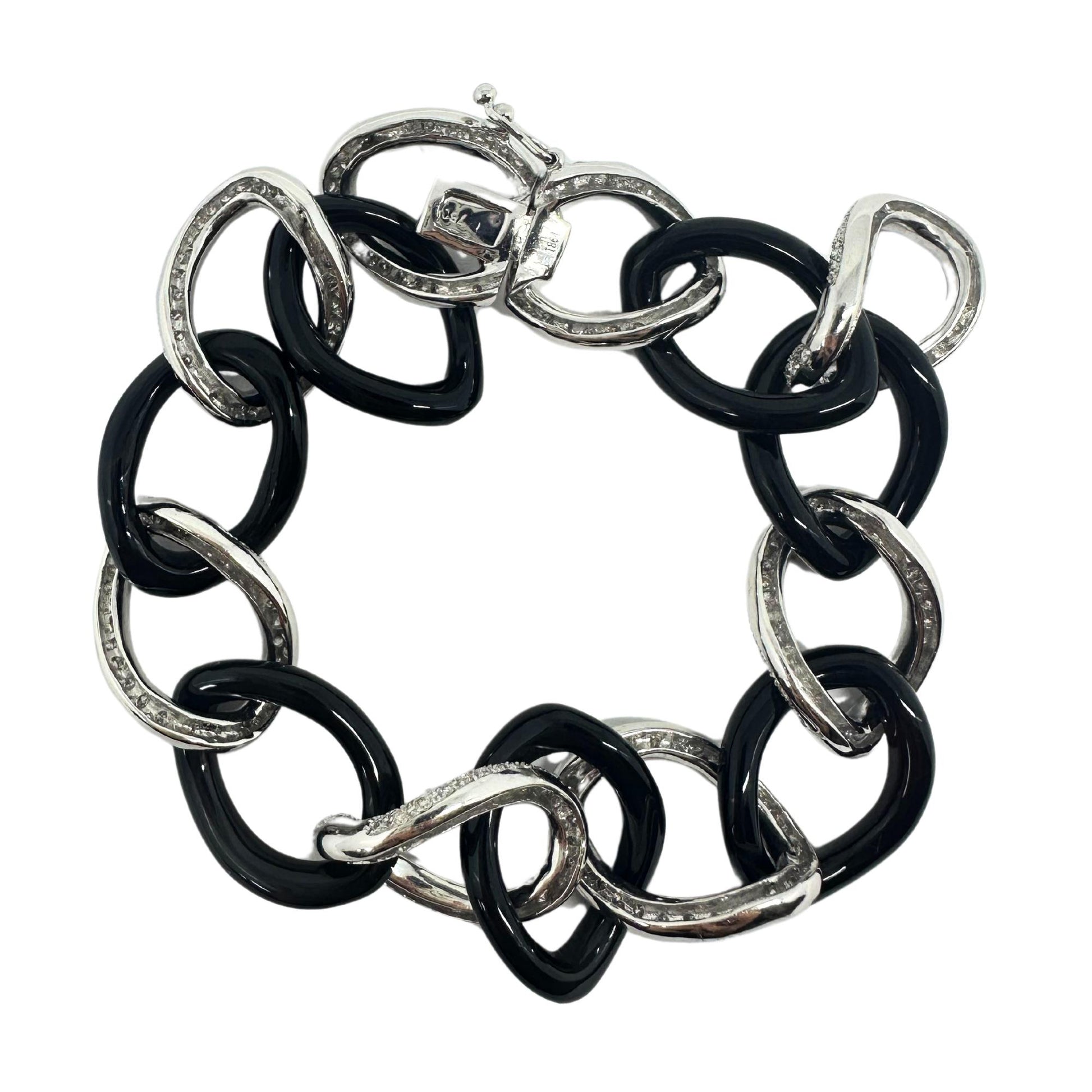 18k White Gold Diamond and Onyx Link Bracelet