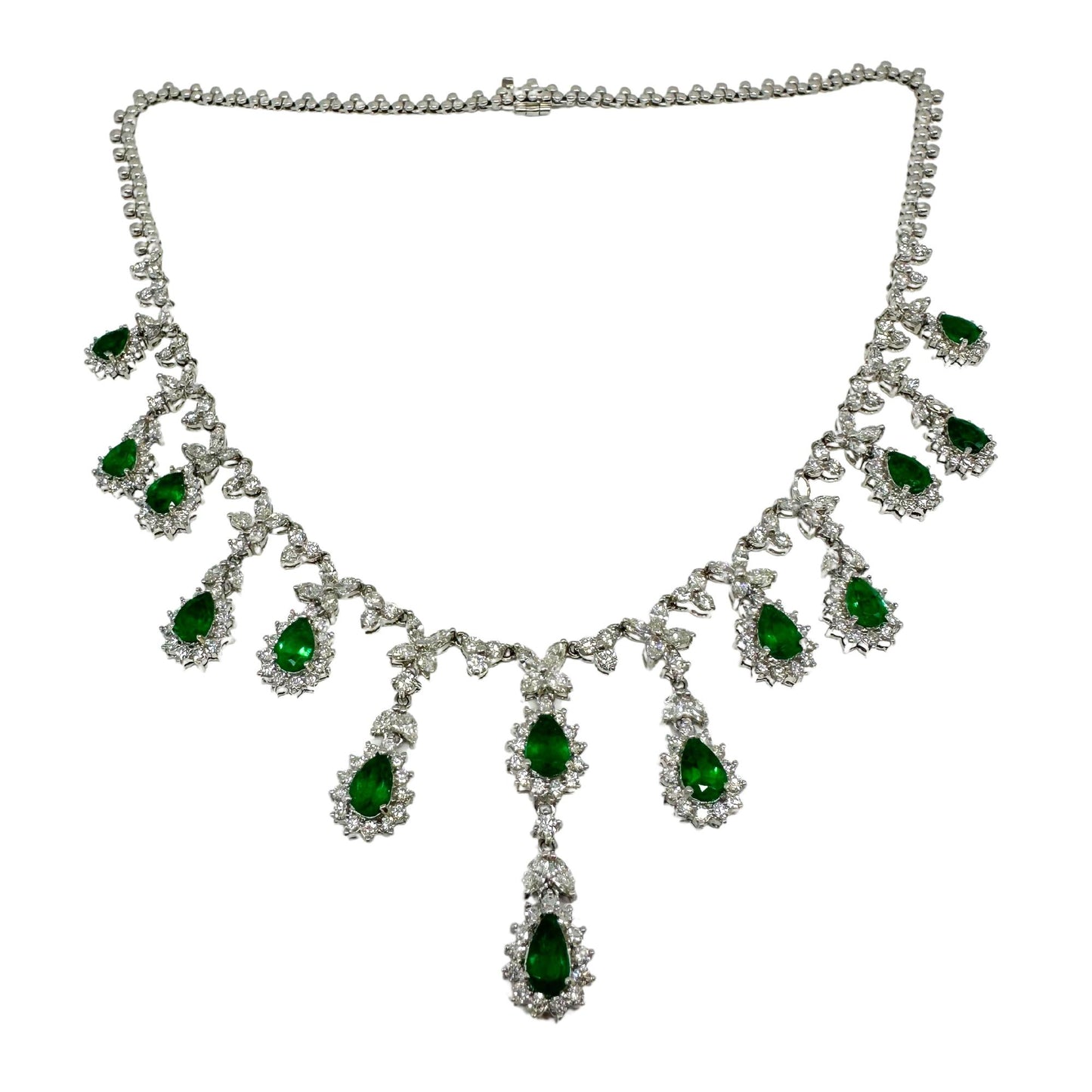 18K White Gold Diamond and Pear Cut Emerald Necklace