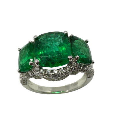 18K White Gold Diamond and Emerald Three Stone Ring