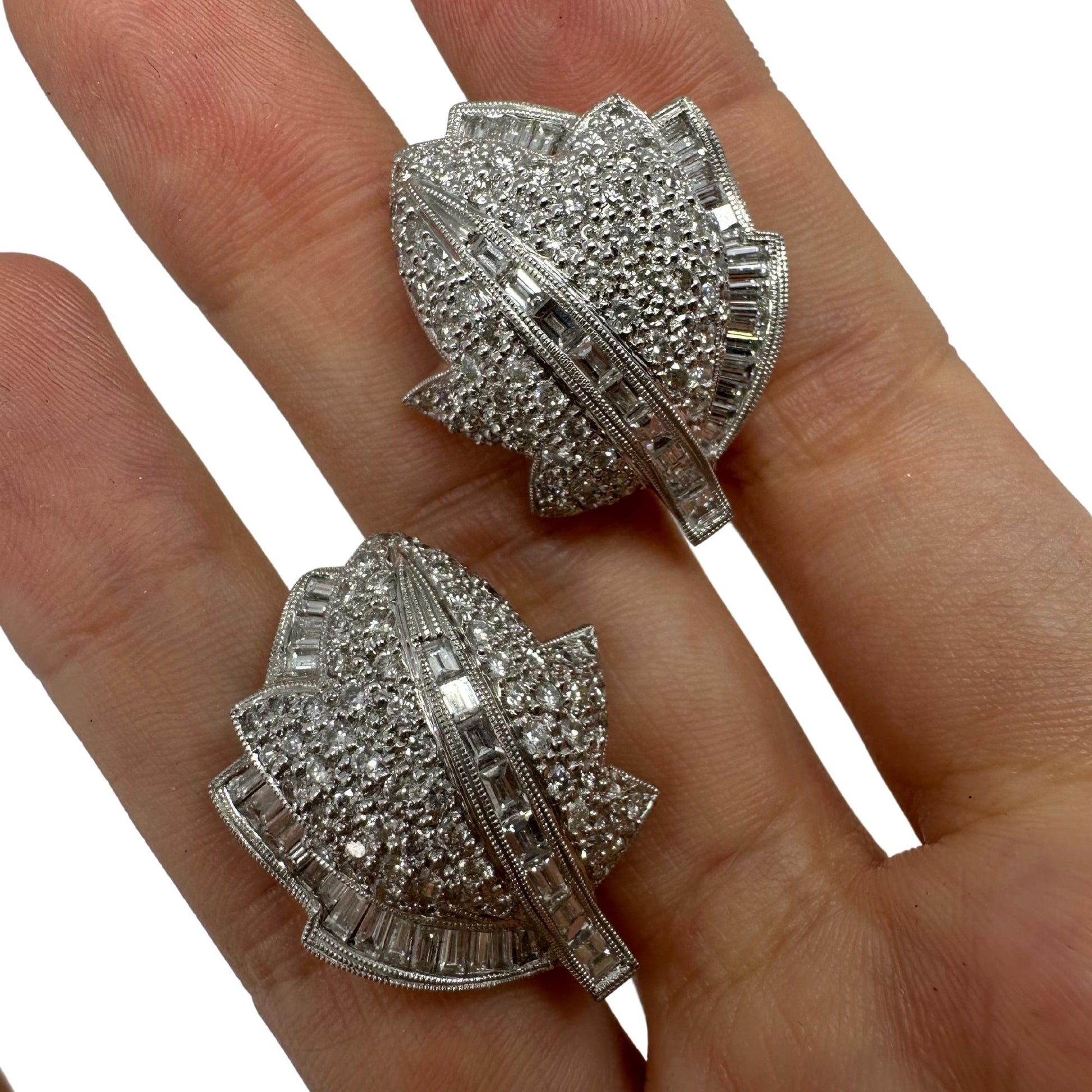Platinum Baguette Cut Diamond Leaf Earrings