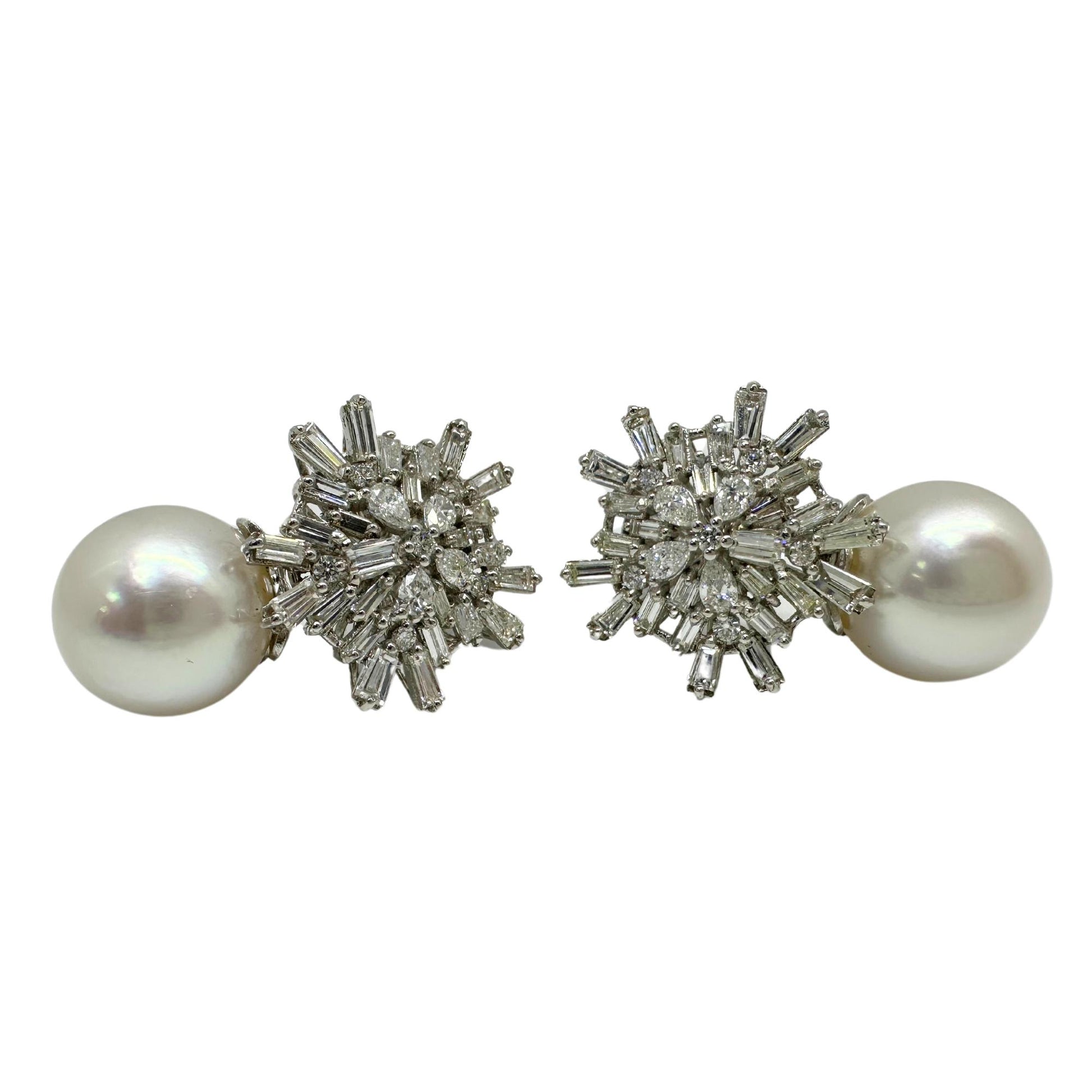 18K White Gold Baguette and Pear Cut Diamond and Pearl Earrings