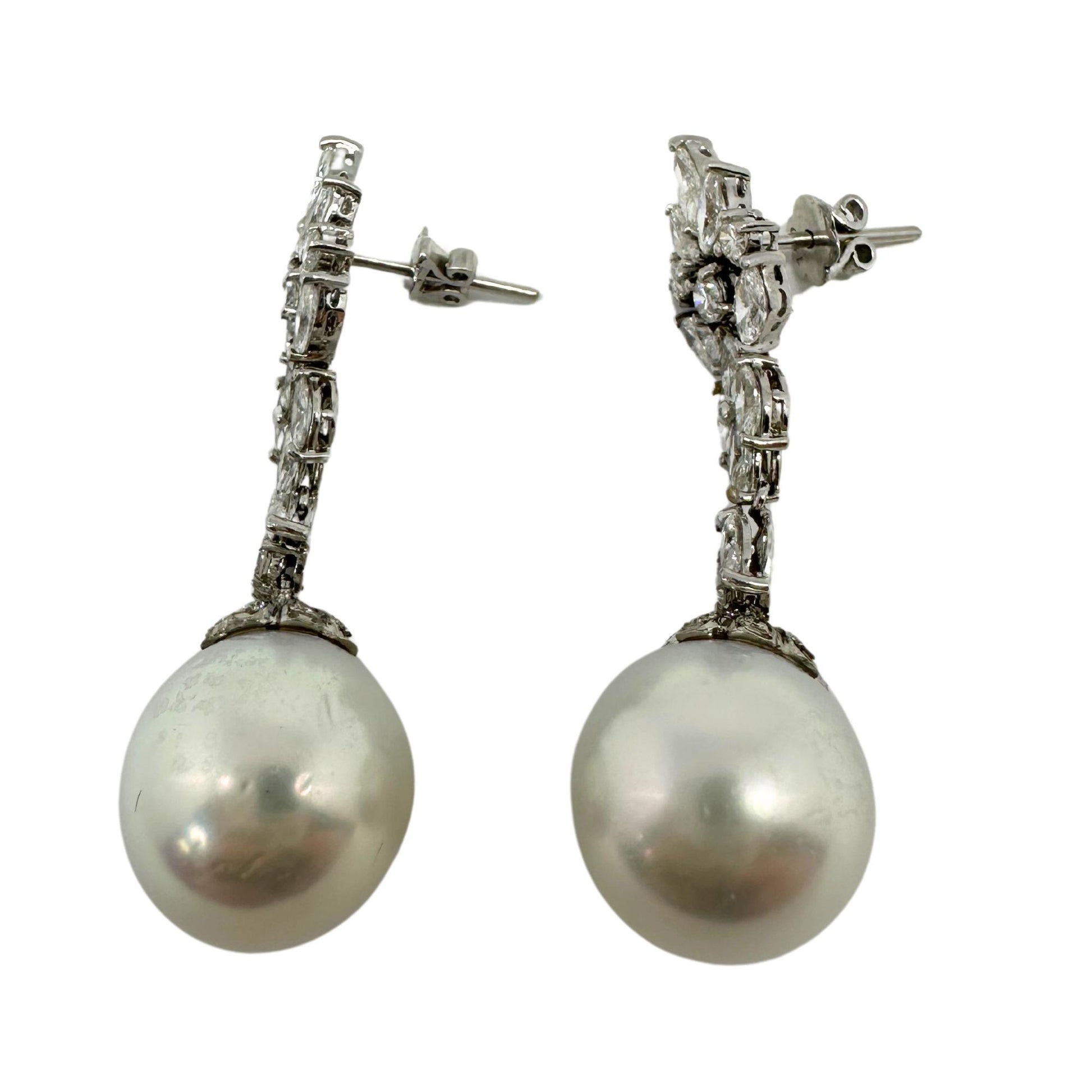 18K White Gold Marquise Cut Diamond and Pearl Drop Earrings