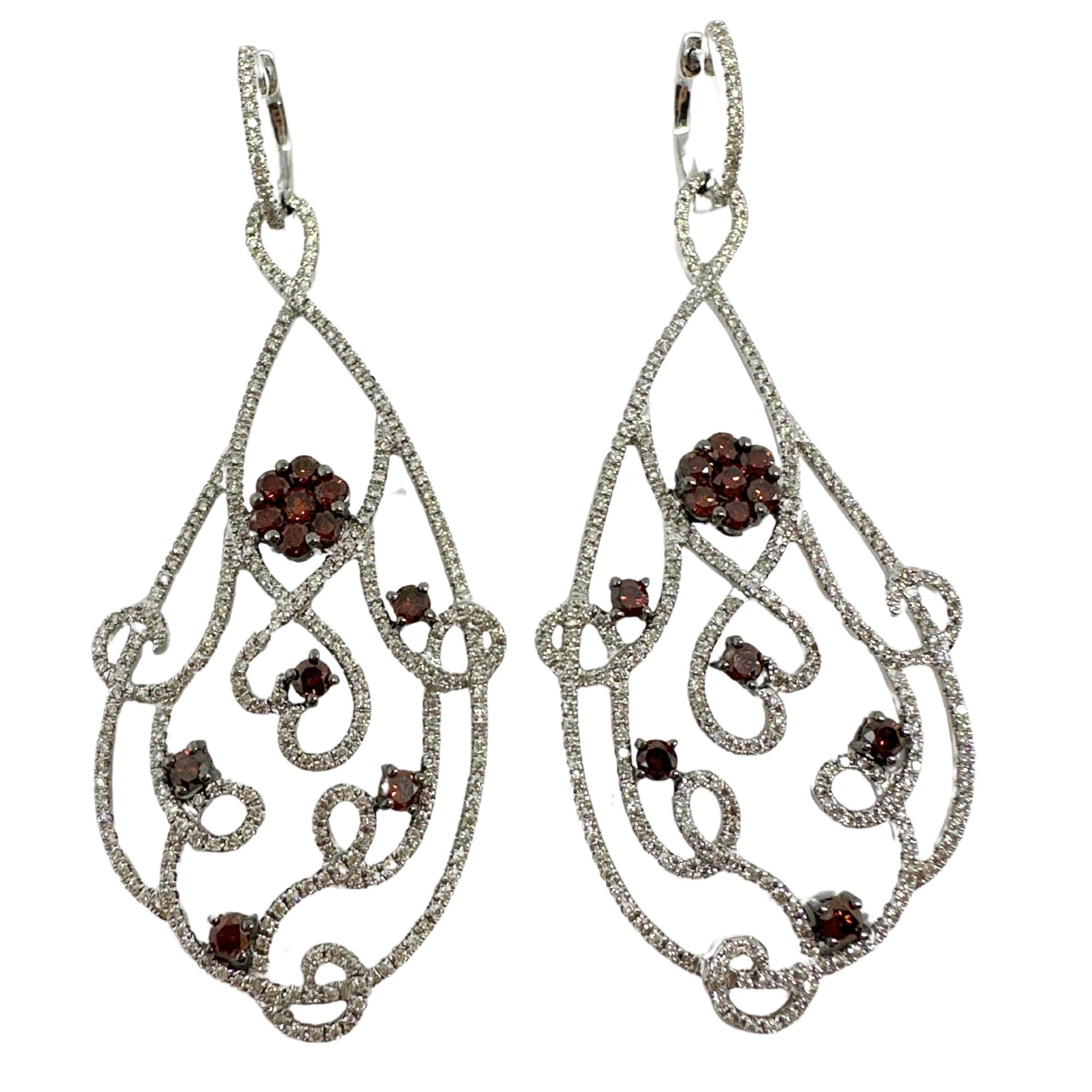 18K White Gold Brown and White Diamond Flower Drop Earrings