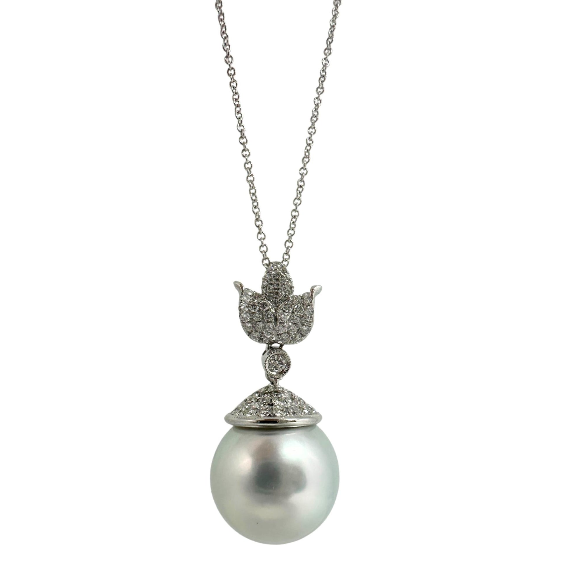 18K White Gold Diamond and Pearl Pendant Necklace