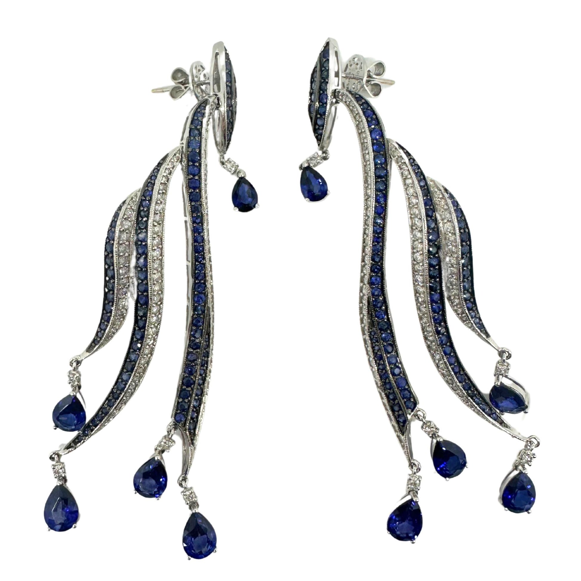 18K White Gold Diamond and Pear Cut Sapphire Flowing Casade Earrings
